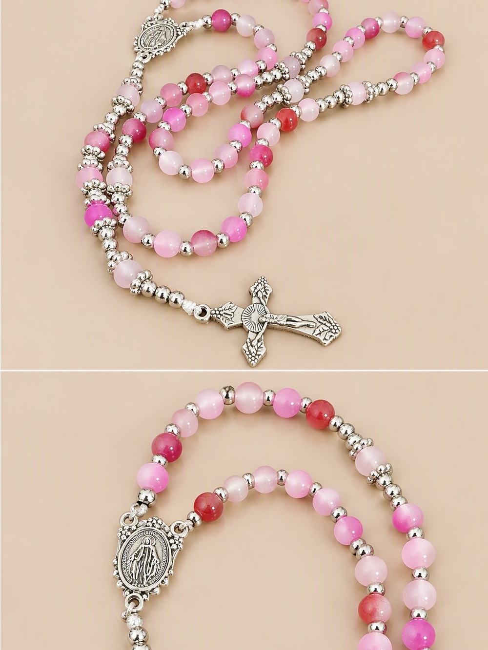 Pink Beaded Rosary Necklace with Silver Cross
